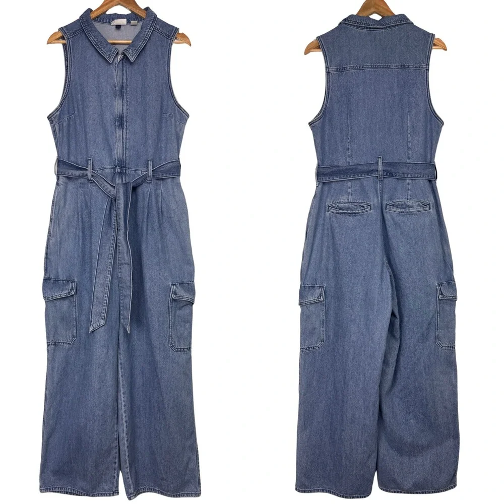 Sleeveless Denim Jumpsuit with Belt - Blue - Picture 1 of 12